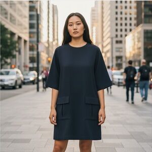 COS Flap Pocket Midi Knee Length Minimalist Academia Dress, Dark Navy, Size 8